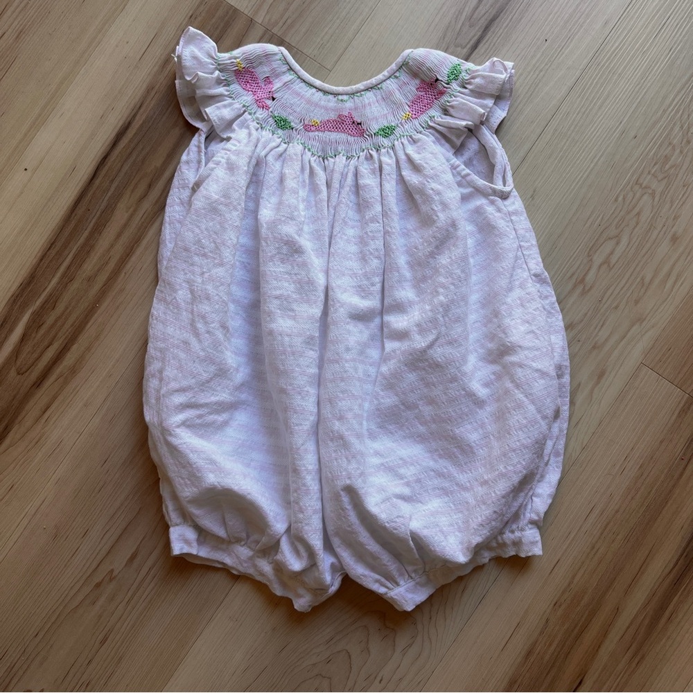Little Threads Smocked Pink Bunny Girls Bubble Romper with Ruffles 12 months